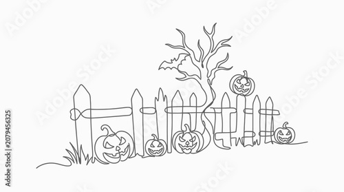 A continuous line drawing of a spooky Halloween fence with carved pumpkins and a bare tree.