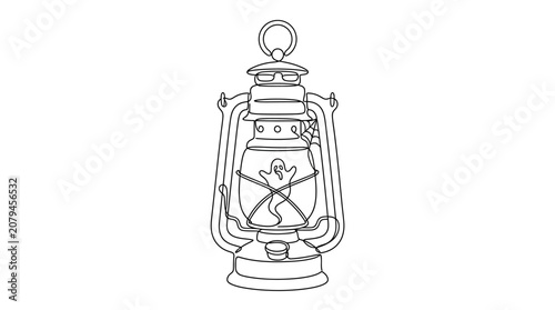 A hand drawn black and white illustration of a vintage lantern containing a small ghost.