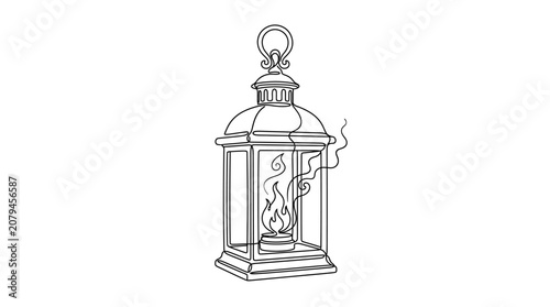 A detailed black and white line art illustration of a vintage style hanging lantern.