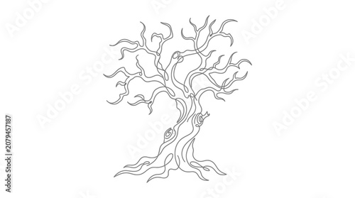 A detailed hand drawn line art illustration of a gnarled leafless tree.
