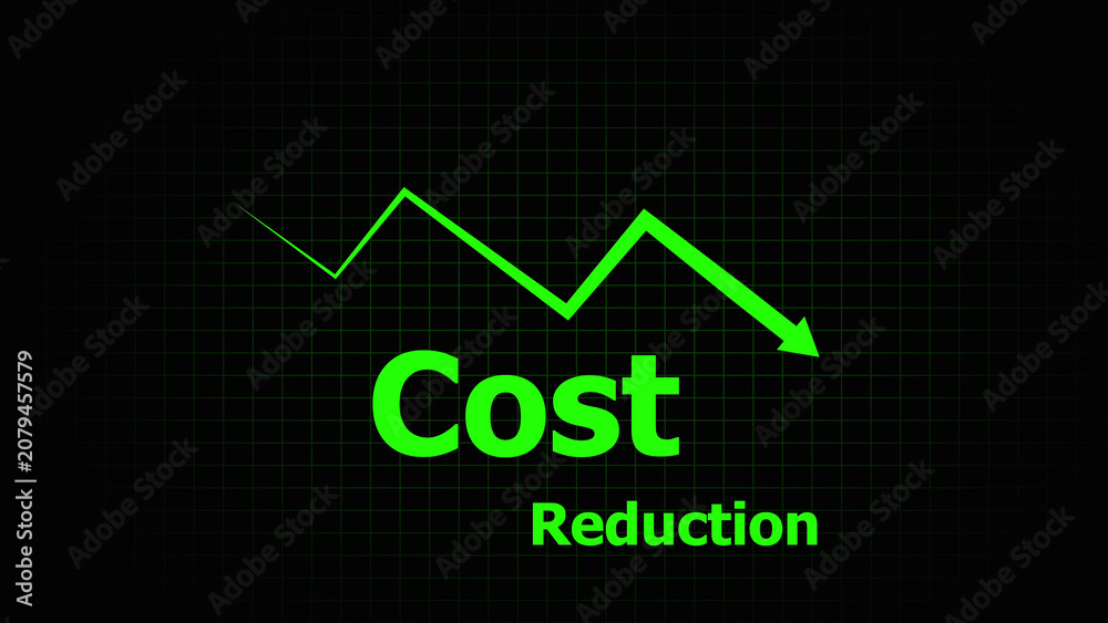 Obraz premium Green cost reduction graph on black background with grid pattern green graph downward trend
