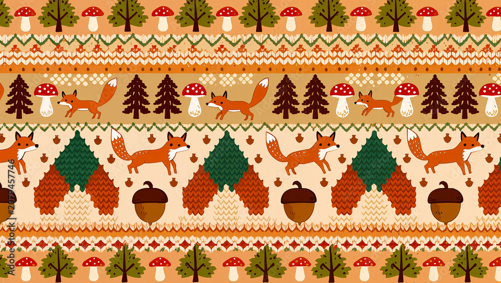 Seamless Knitted Pattern with Foxes, Mushrooms, and Trees