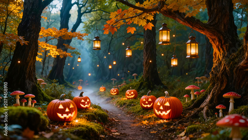 Halloween Pumpkins and Lanterns in a Spooky Forest Path