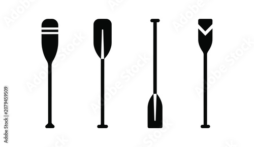 Fotografie Kayak Paddle Silhouette Icon Set, Black Vector Oar Icons Collection