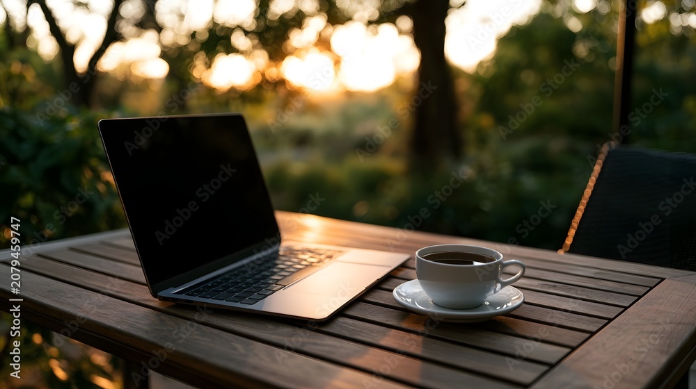 Fototapeta premium A beautiful scene featuring a laptop and coffee arranged on a wooden desk during the warm tranquil glow of golden hour