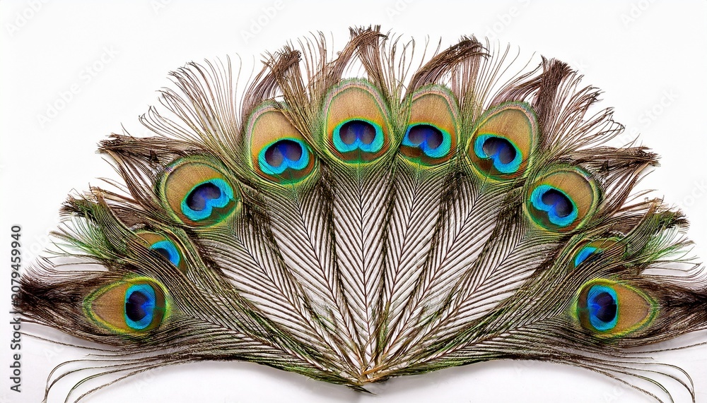 Fototapeta premium Peacock Feathers Arranged In A Fan Shape Isolated On White Background