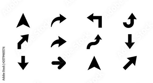 Quadro su tela Diverse collection of black arrow icons, including up arrow, corner arrows, curved arrows, down arrows, wavy arrow, and diagonal arrows