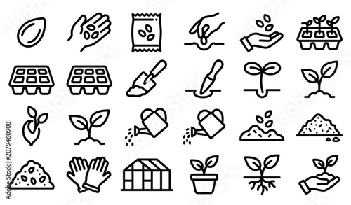Cuadro en lienzo Plant nursery seeding icons vector set bold line art seed sowing symbols black a