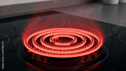 Glowing red hot electric stove coil heating up a kitchen cooking surface, kitchen appliance detail