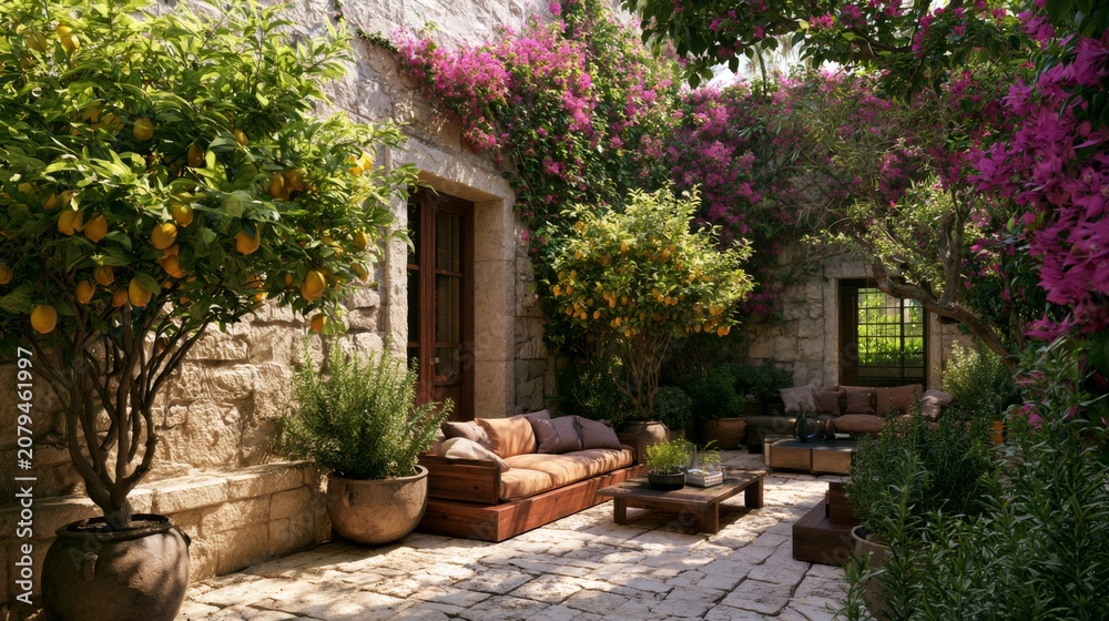 Fototapeta premium Tranquil Courtyard Garden with Lemon Trees and Blooming Bougainvillea in a Serene Outdoor Space