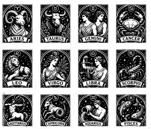 Konstfotografi Celestial Postage Vintage Zodiac Stamp Collection, Engraved Astrology Signs, Ant