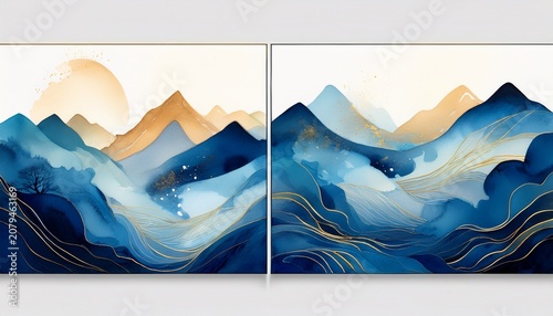 Abstract Mountain Landscape Diptych In Blue Watercolor Style Modern Artistic Nature Composition