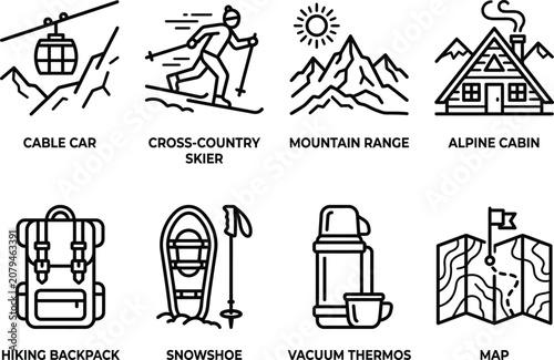 Line icons depicting winter sports equipment and mountainous landscapes on a white background alpine cabin cable car cross country skier hiking backpack mountain