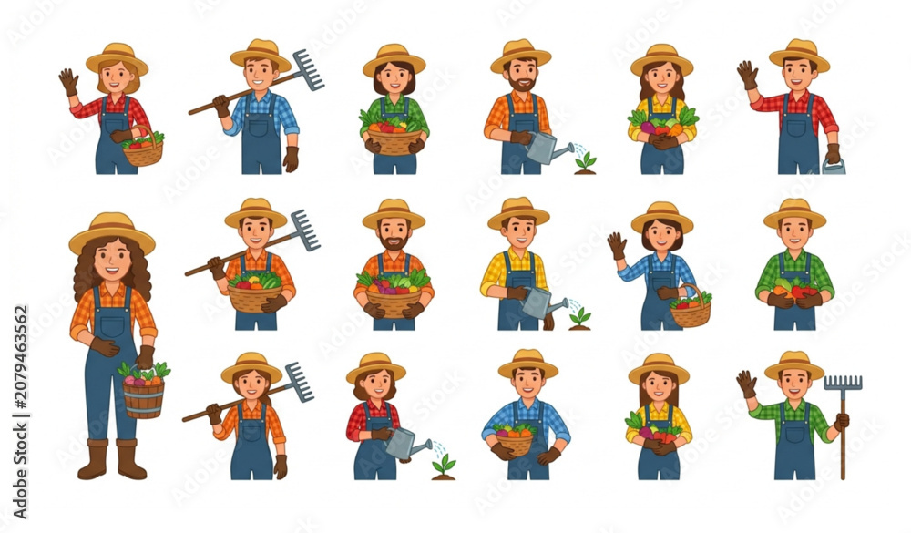Fototapeta premium Cartoon Farmer Icon Set Vector Illustration Agriculture Character Collection