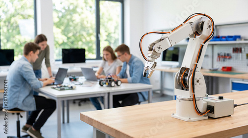 Robotic arm in STEM classroom with students working in background, robotics education and automation technology training with copy space.