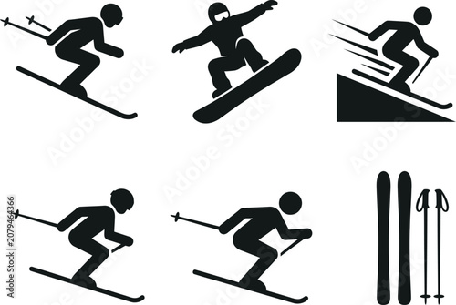 Silhouettes Of Skiers And Snowboarders Black Vector Illustration On A White Background alpine skiing silhouette boarding cold weather.