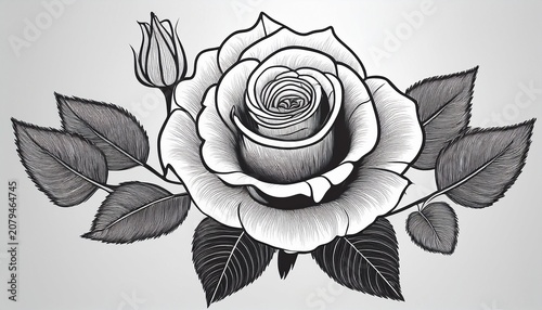 black and white line rose with leaves flower