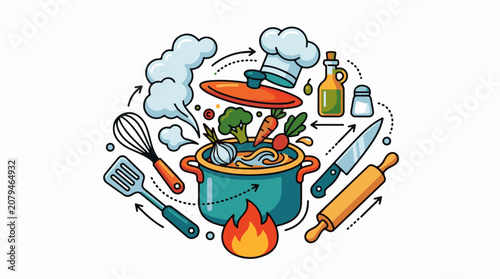 Whimsical cartoon illustration of cooking pot with ingredients and tools