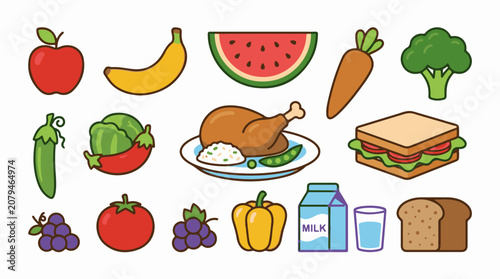 Colorful cartoon food items including fruits vegetables a sandwich and milk