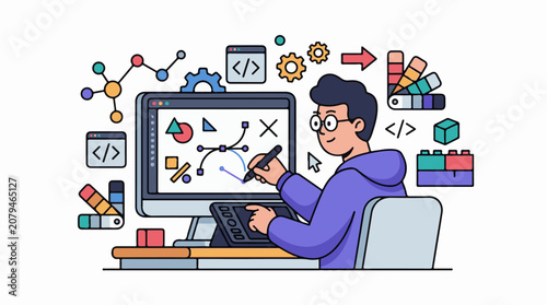 Designer at work with computer tablet and color palette