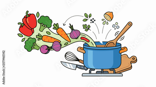 Fresh vegetables being added to a pot for cooking