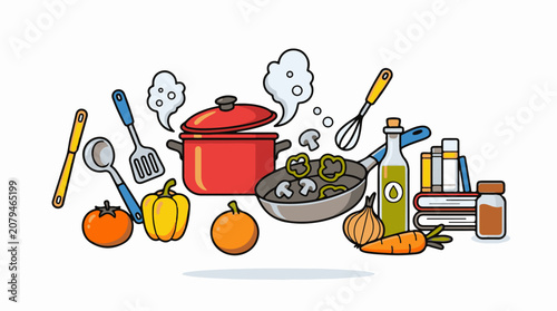 Collection of kitchen utensils and fresh ingredients for cooking