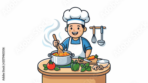 Cheerful person in chef attire stirring a pot of soup with fresh vegetables