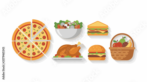 Assortment of popular food items including pizza salad sandwich roast burger and fruit