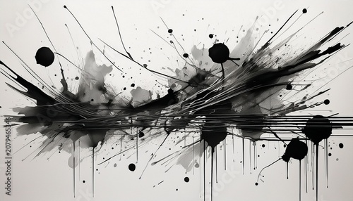 black ink splatters and lines on white background