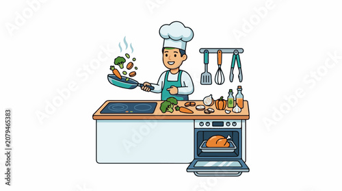 Cheerful cartoon chef cooks vegetables in pan roasting chicken in oven