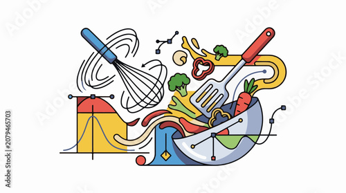 Whisk spatula bowl and vegetables artfully arranged with geometric elements
