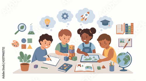 Diverse children engaged in learning and creative thinking at a table