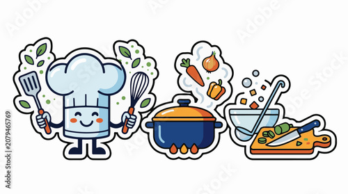Cheerful chef character with cooking tools pot and ingredients