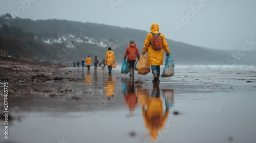 Group of environmental volunteers carrying collected waste along beach shoreline during community conservation project