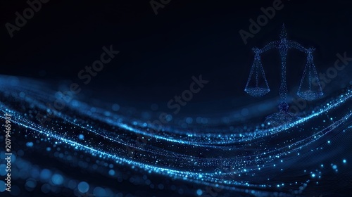 Digital justice scales hovering over blue particle wave field
