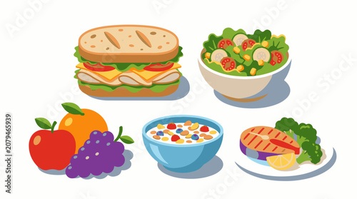 Assortment of healthy food items including fruits salad cereal sandwich and fish