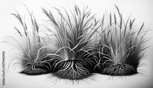 black and white botanical of grasses with roots