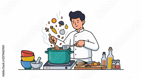 Chef stirring a pot of food with floating ingredients and cooking supplies