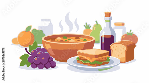 Wholesome meal with soup sandwich bread grapes fruit and beverages