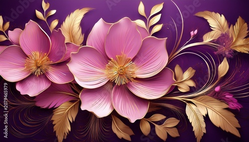 bright pink and gold flowers on deep purple background a masterpiece of modern art