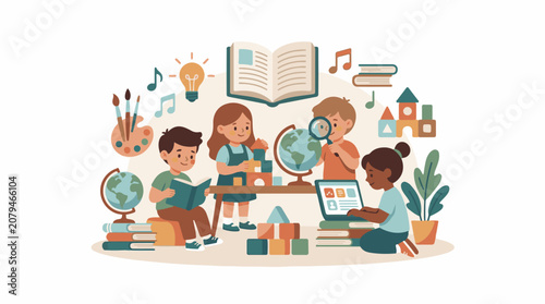 Children engaged in learning activities with books globes and toys