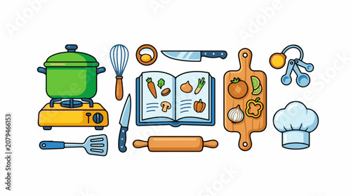 Colorful cartoon kitchen utensils and tools