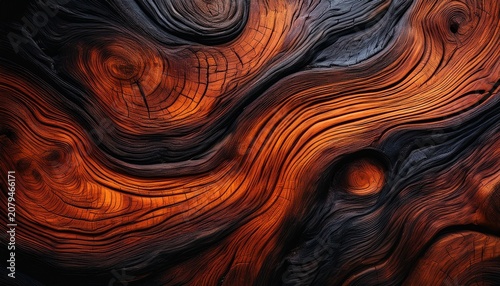 intricate swirls of rich burnt orange wood grain against a dark charred backdrop a captivating natural texture with dramatic contrast and undulating patterns stunning visual detail