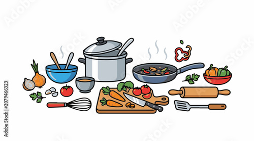 Assorted kitchenware and fresh ingredients arranged for cooking