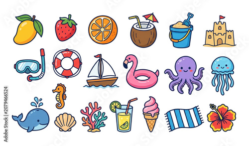 Fotografía Hand Drawn Summer Doodle Icon Pack with Tropical Food Beach Accessories and Ocea