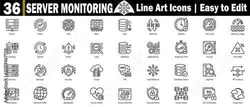 Bild auf Leinwand Server monitoring line icons for web hosting, performance, cloud infrastructure, and network management tools