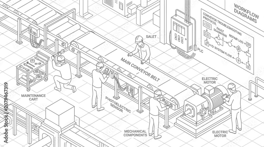 Fototapeta premium Isometric line drawing of a factory conveyor belt system with workers performing maintenance and operation.