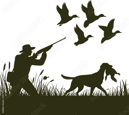 Silhouette of a hunter with a shotgun and a hunting dog retrieving a duck, with a flock of ducks flying in the background