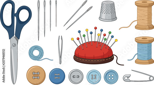 Schilderij op canvas Sewing and Tailoring Supplies Vector Icon Set with Scissors, Thread Spools, Pin