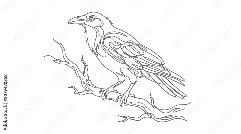 Obraz premium A detailed line art illustration of a raven perched on a gnarled tree branch.